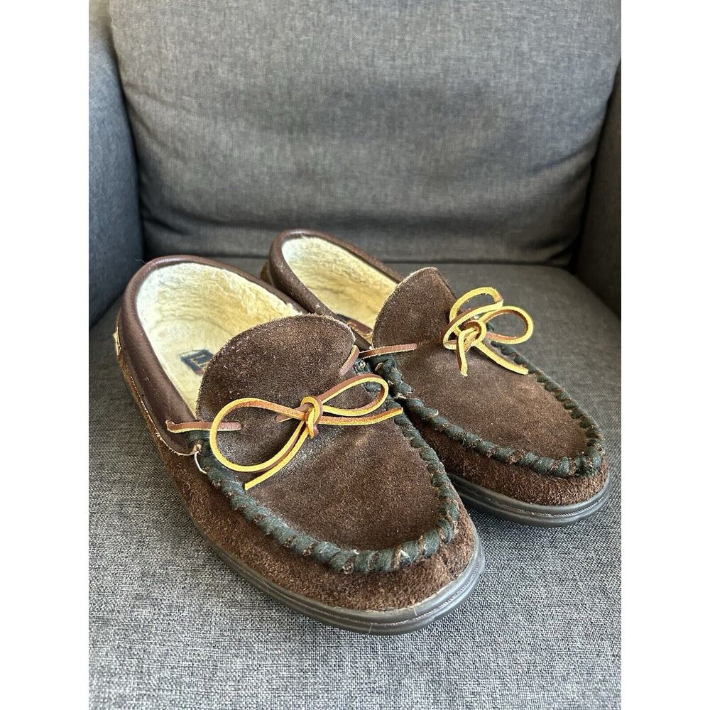 LB‎ Evans Mens ATLIN Leather Suede Moccasin Sherpa Lined House Slippers Sz 7 M